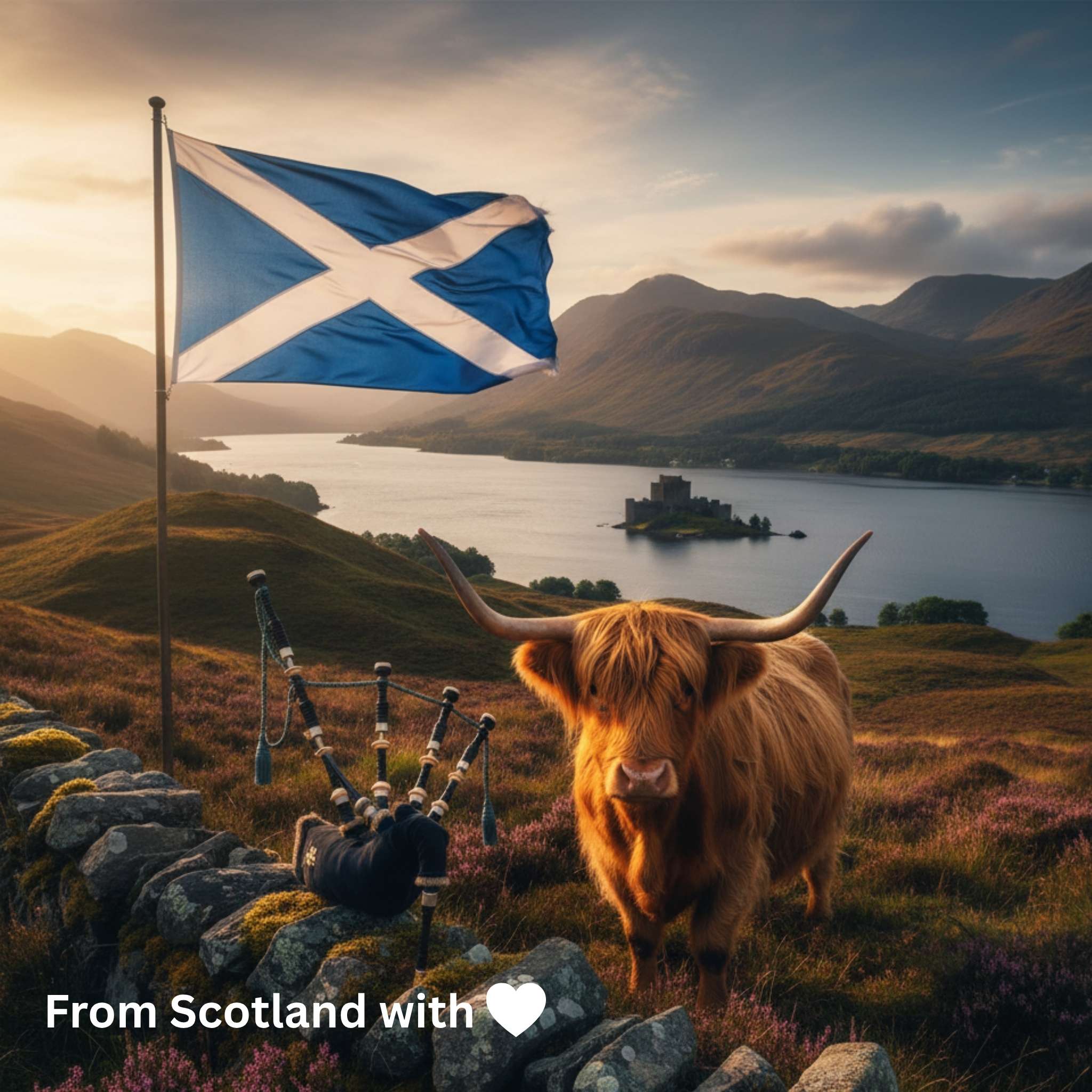 Majestic Scottish landscape with loch and bagpipes promoting our authentic collection of Scottish confectionery and groceries, including oatcakes, Edinburgh Rock, and Tunnock's.