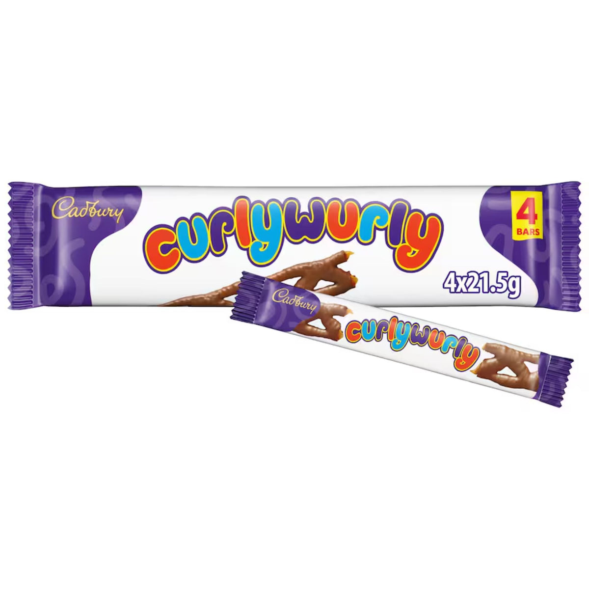 Cadbury Curly Wurly Chocolate in a pack of 4 single bars of 21.5g each. 