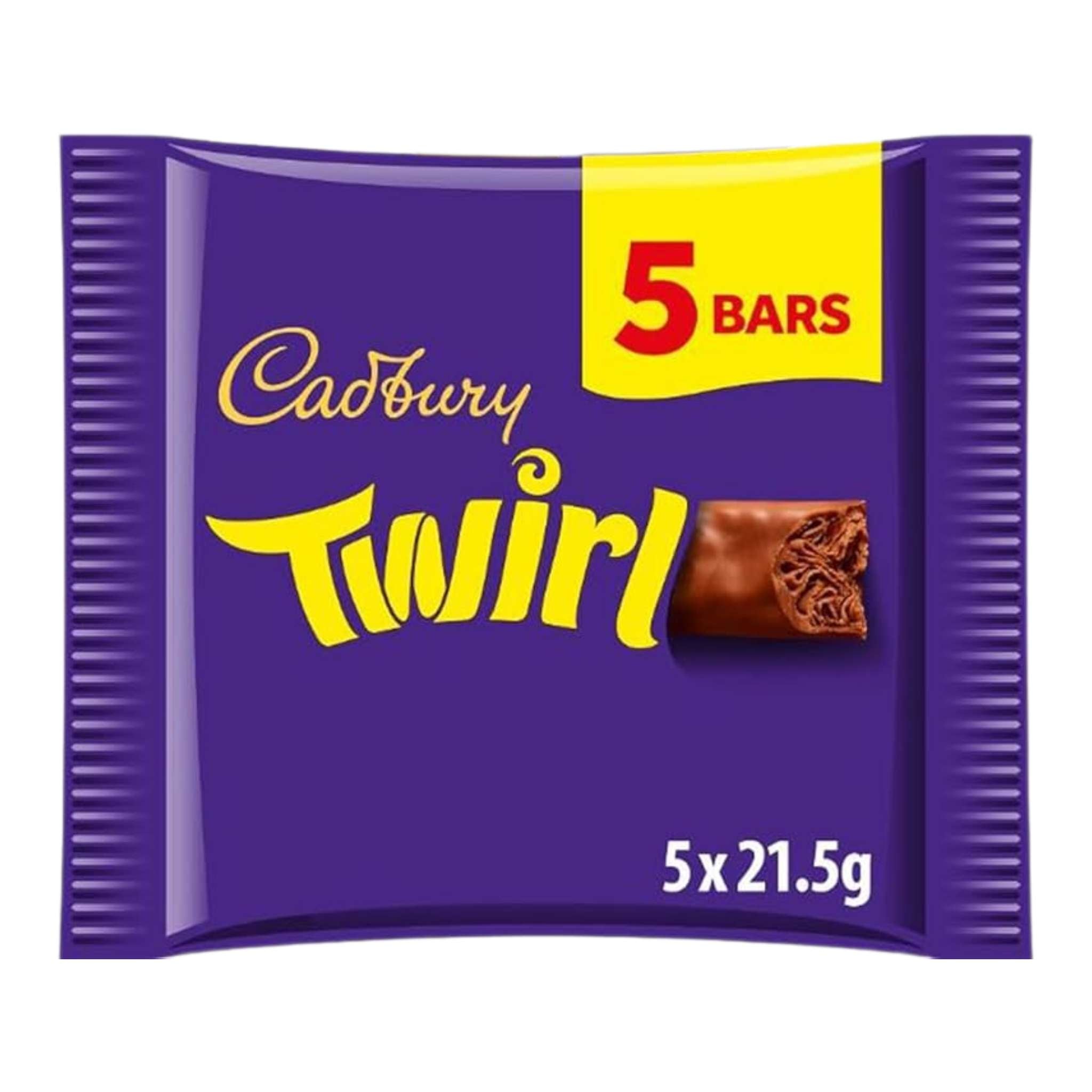 Cadbury Twirl chocolates in a pack of 5 individually wrapped 21.5g bars. 