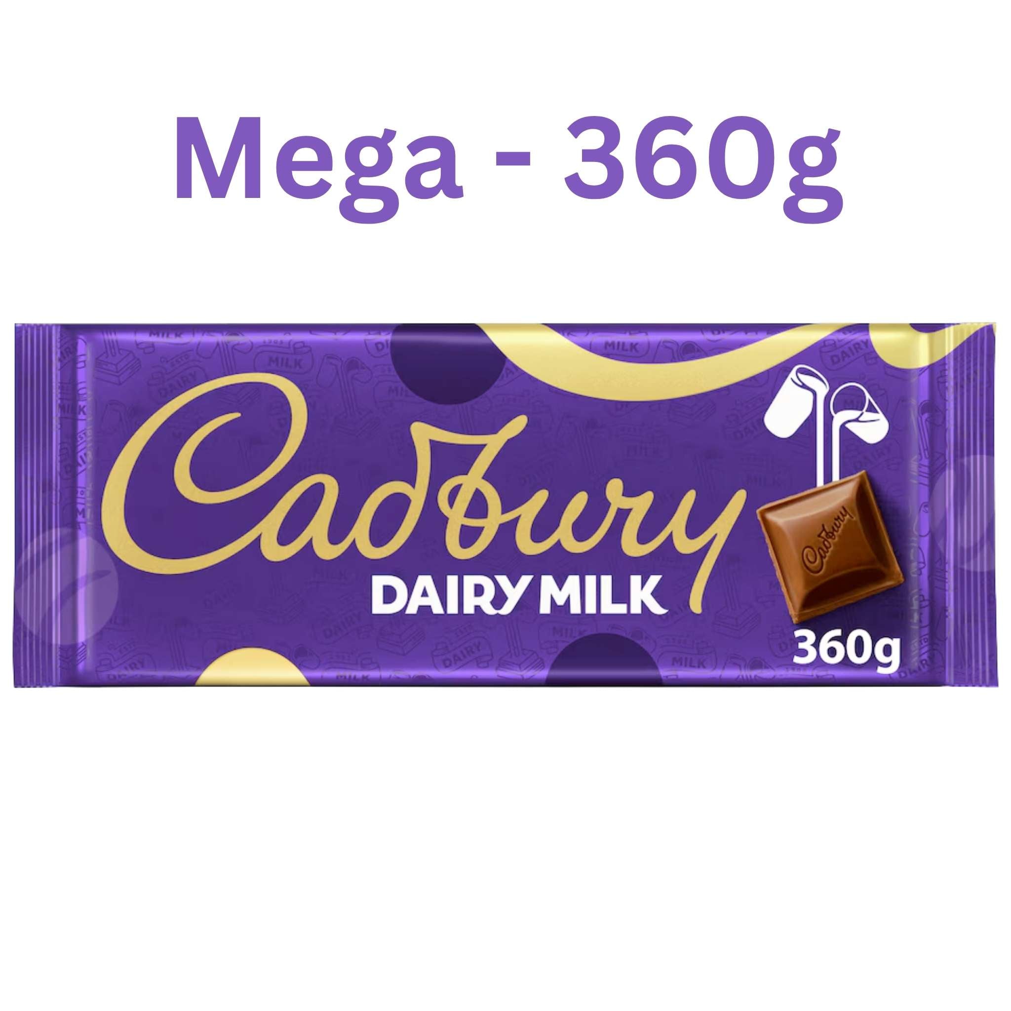 Cadbury Dairy Milk chocolate 360g block classic purple Cadbury colours and gold accents.