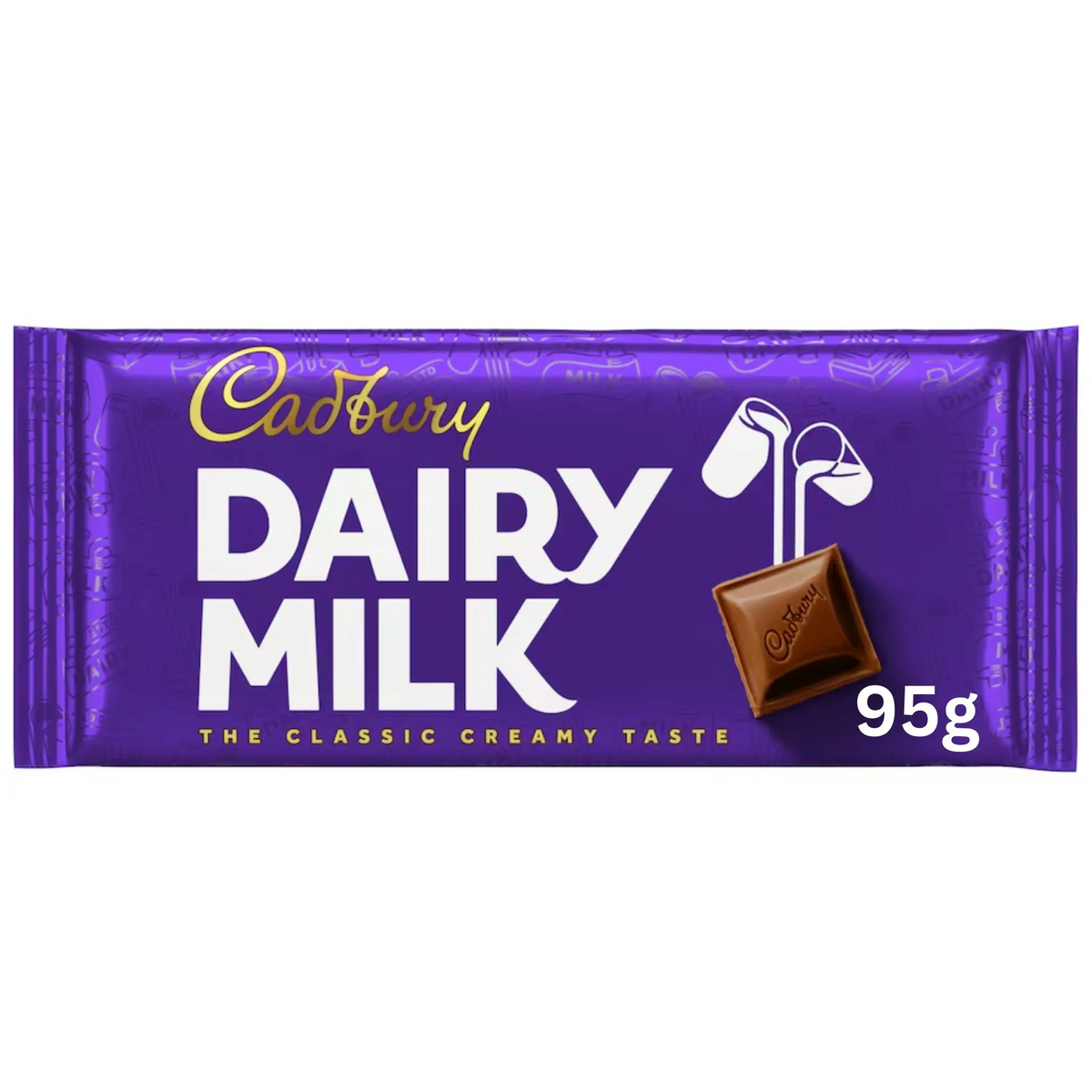 Cadbury Dairy Milk chocolate bar in its signature purple wrapper - 95g block.