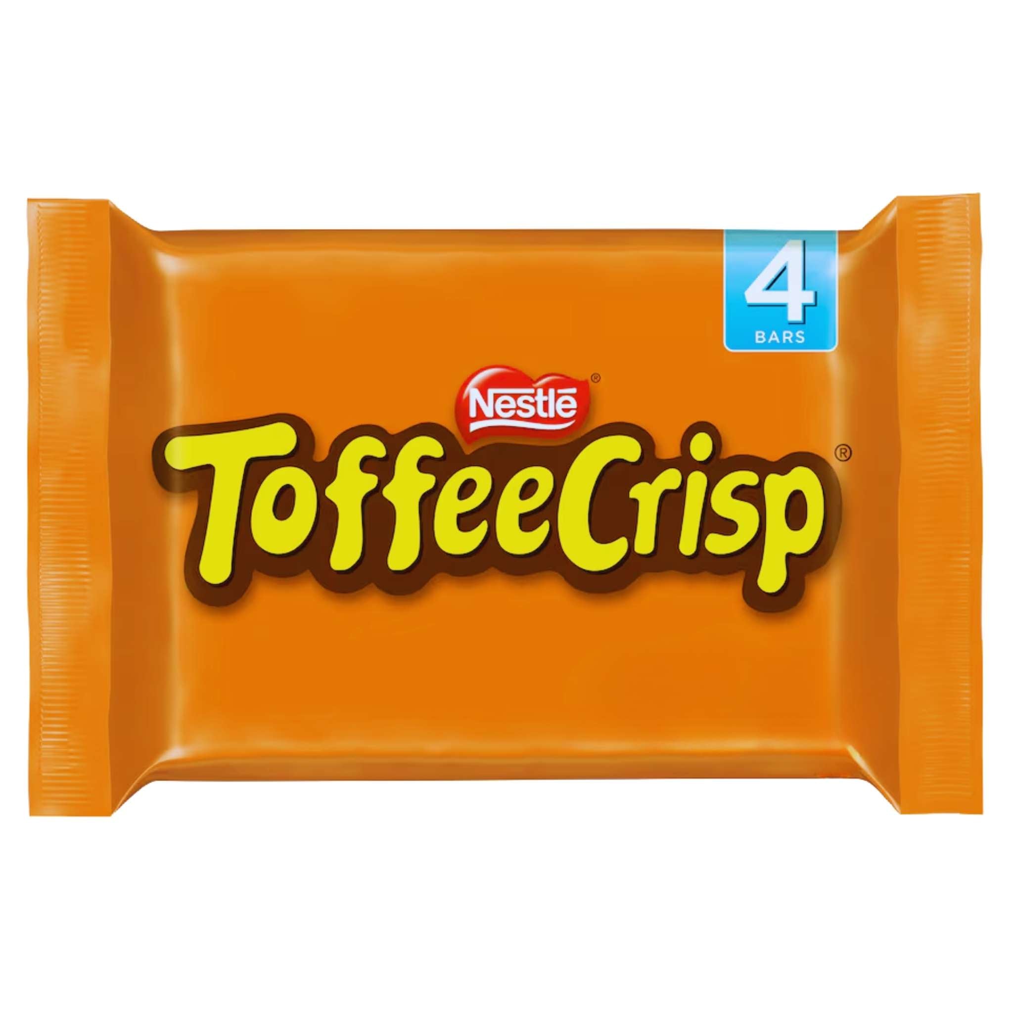 Nestlé Toffee Crisp chocolate bar in a pack of 4 bars. Classic caramel and crispy cereal pieces in smooth chocolate. 