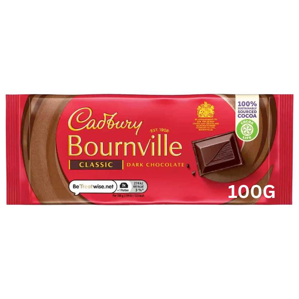A 100g block of classic Cadbury Bournville Dark Chocolate.