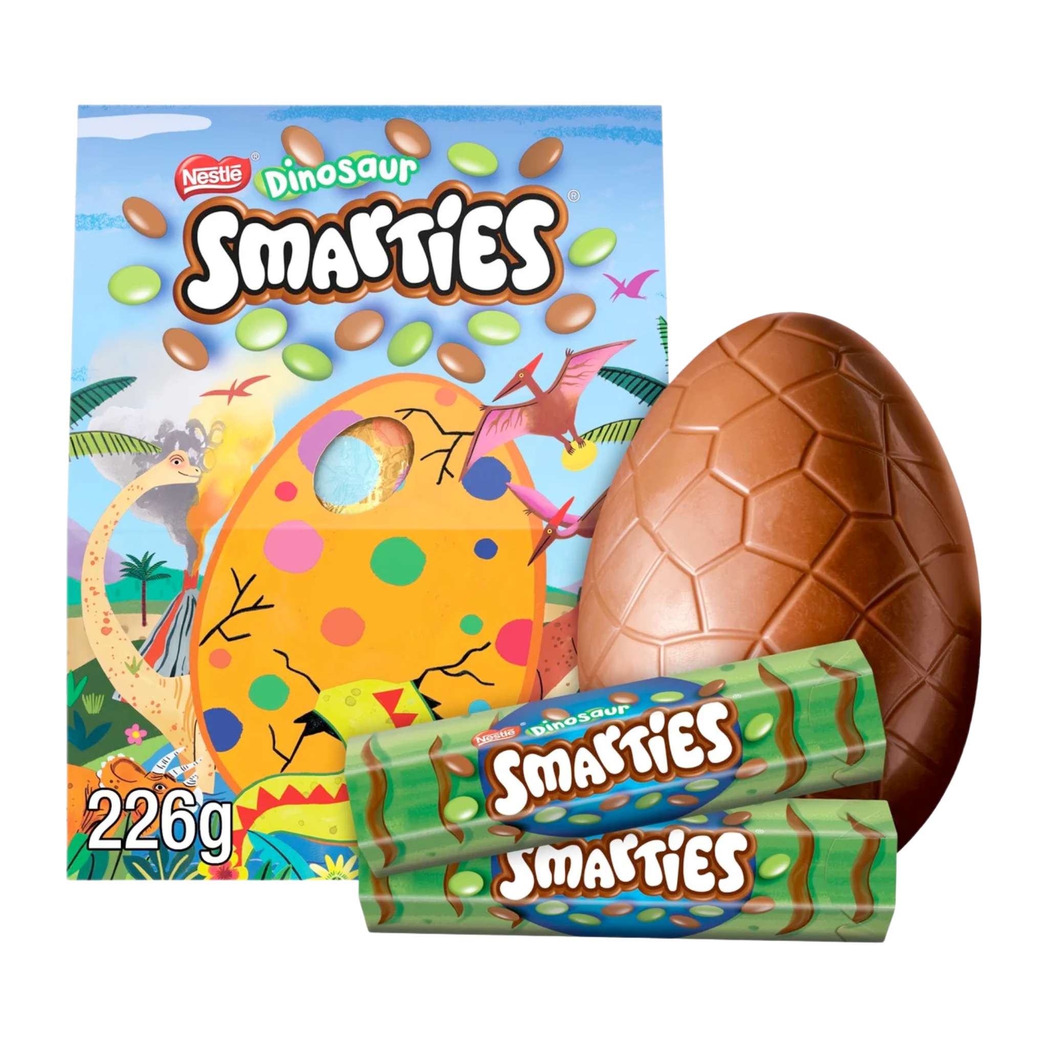 Smarties Dinosaur-themed milk chocolate Easter Egg with Smarties tubes.