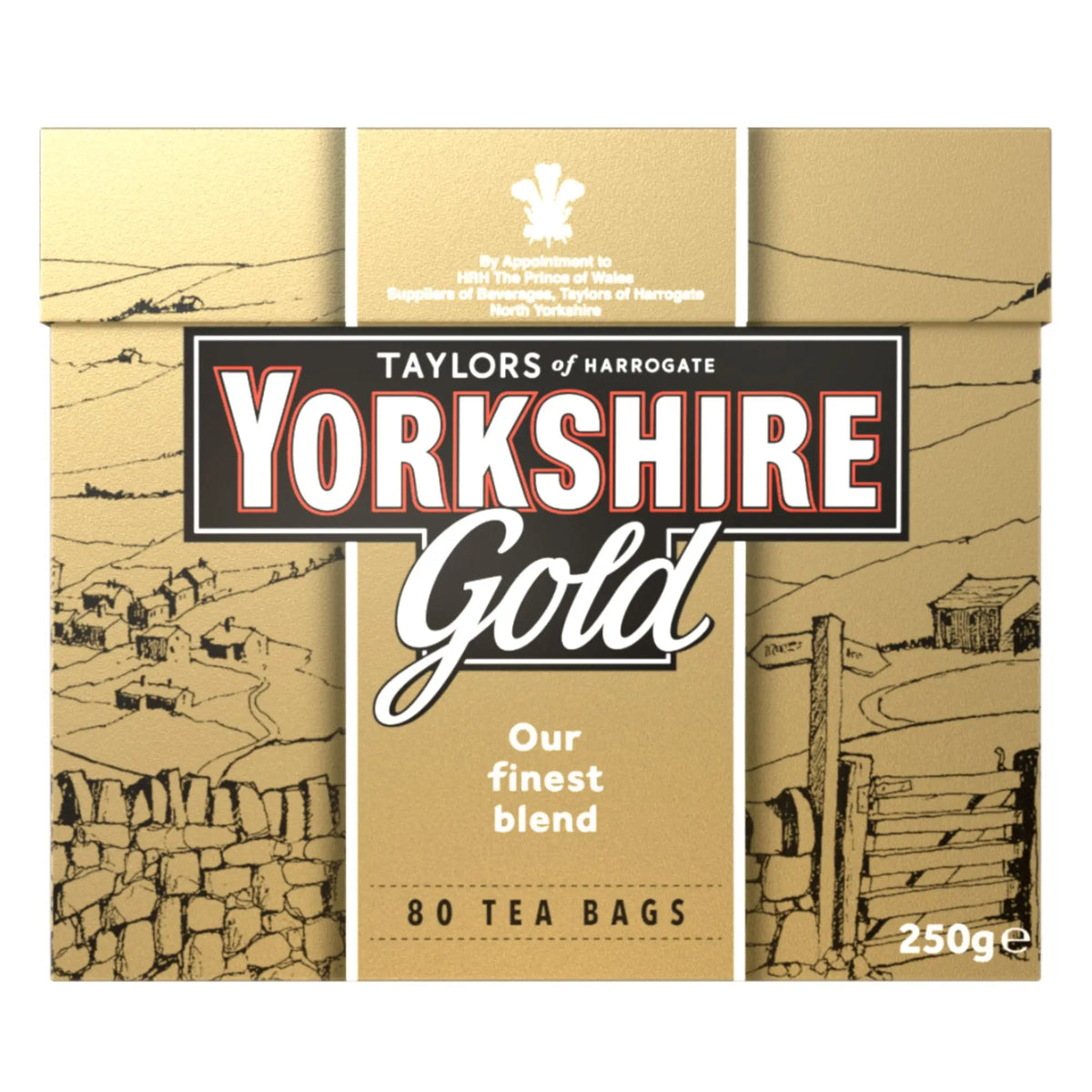 Taylors of Harrogate Yorkshire Gold, Finest Blend 80 Tea Bags in distinctive gold box with Yorkshire countryside scene.