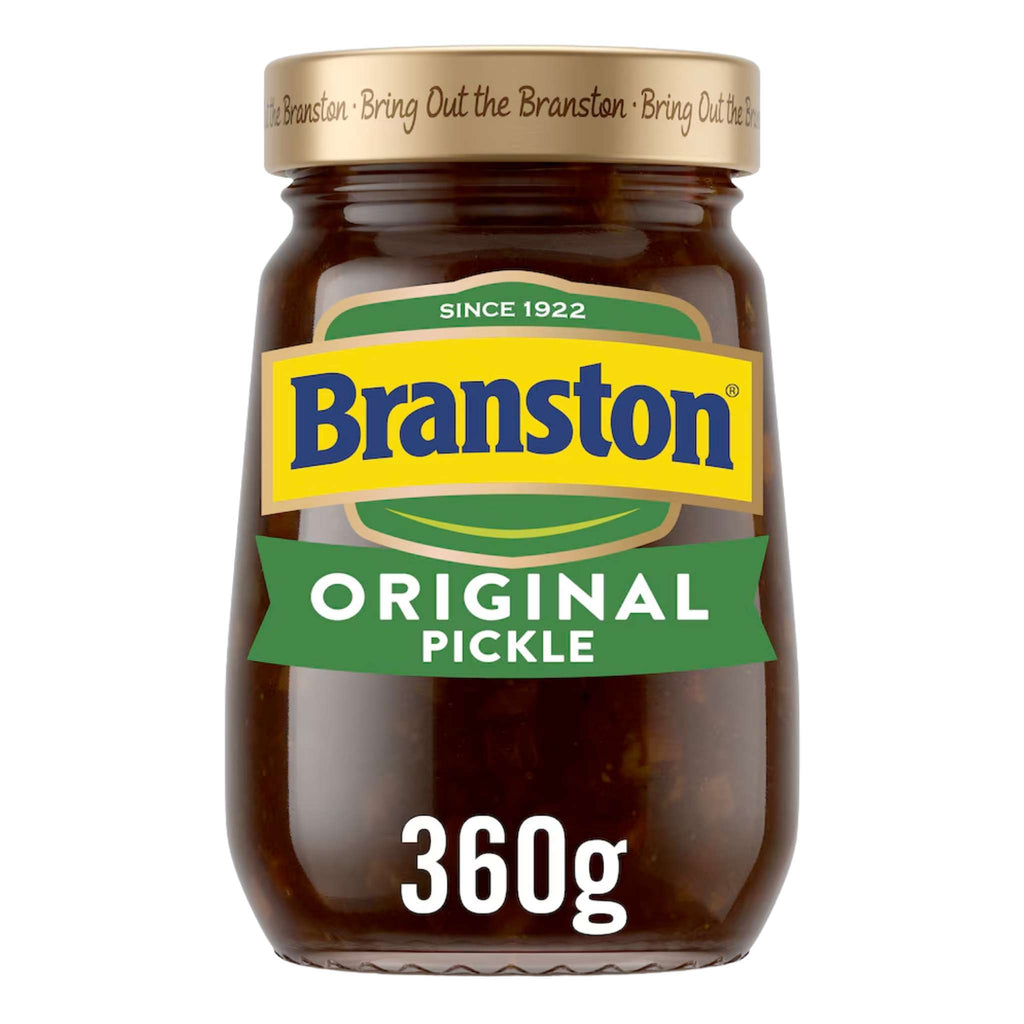 Jar of Branston Original Pickle with gold lid on a white background