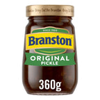 Jar of Branston Original Pickle with gold lid on a white background