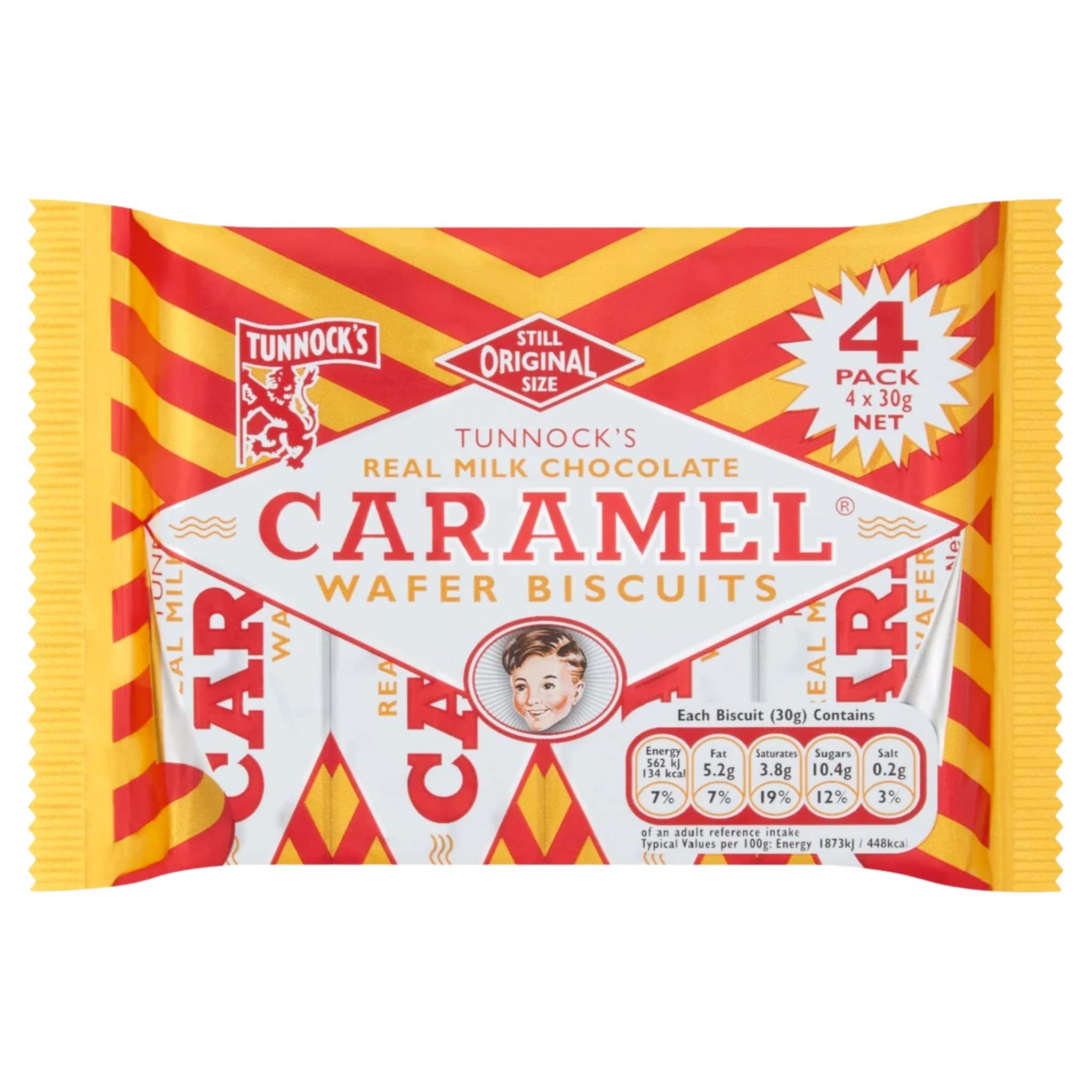 Pack of 4 Tunnock's Milk Chocolate Caramel Wafer Biscuits with red and yellow striped design on a white background