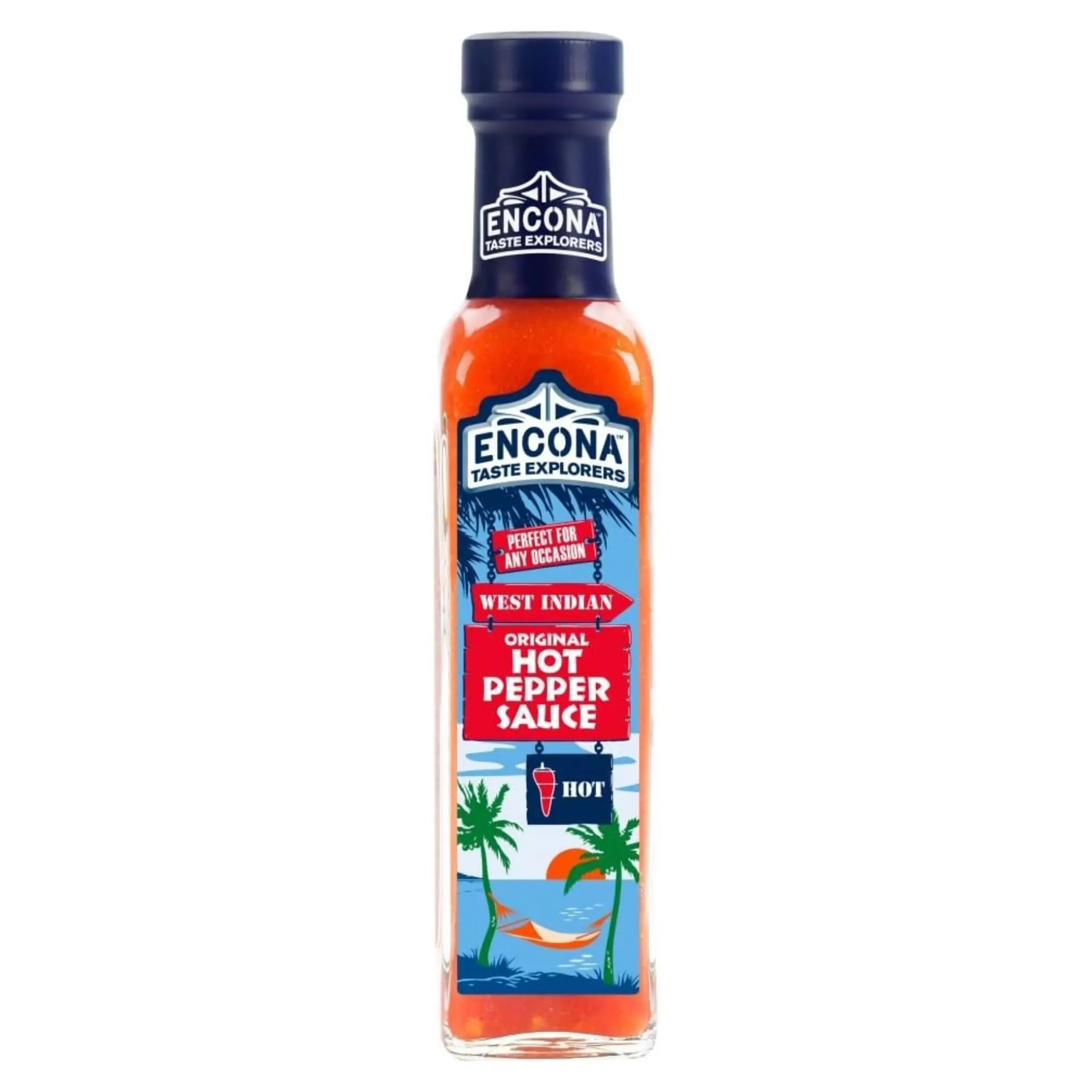 A bottle of Encona Taste Explorers West Indian Original Hot Pepper Sauce 142ml.