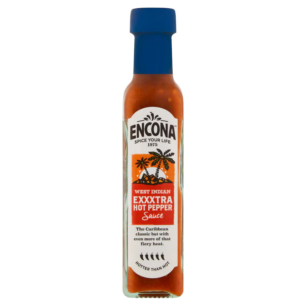 Encona West Indian Exxxtra Hot Pepper Sauce in 142ml glass bottle.