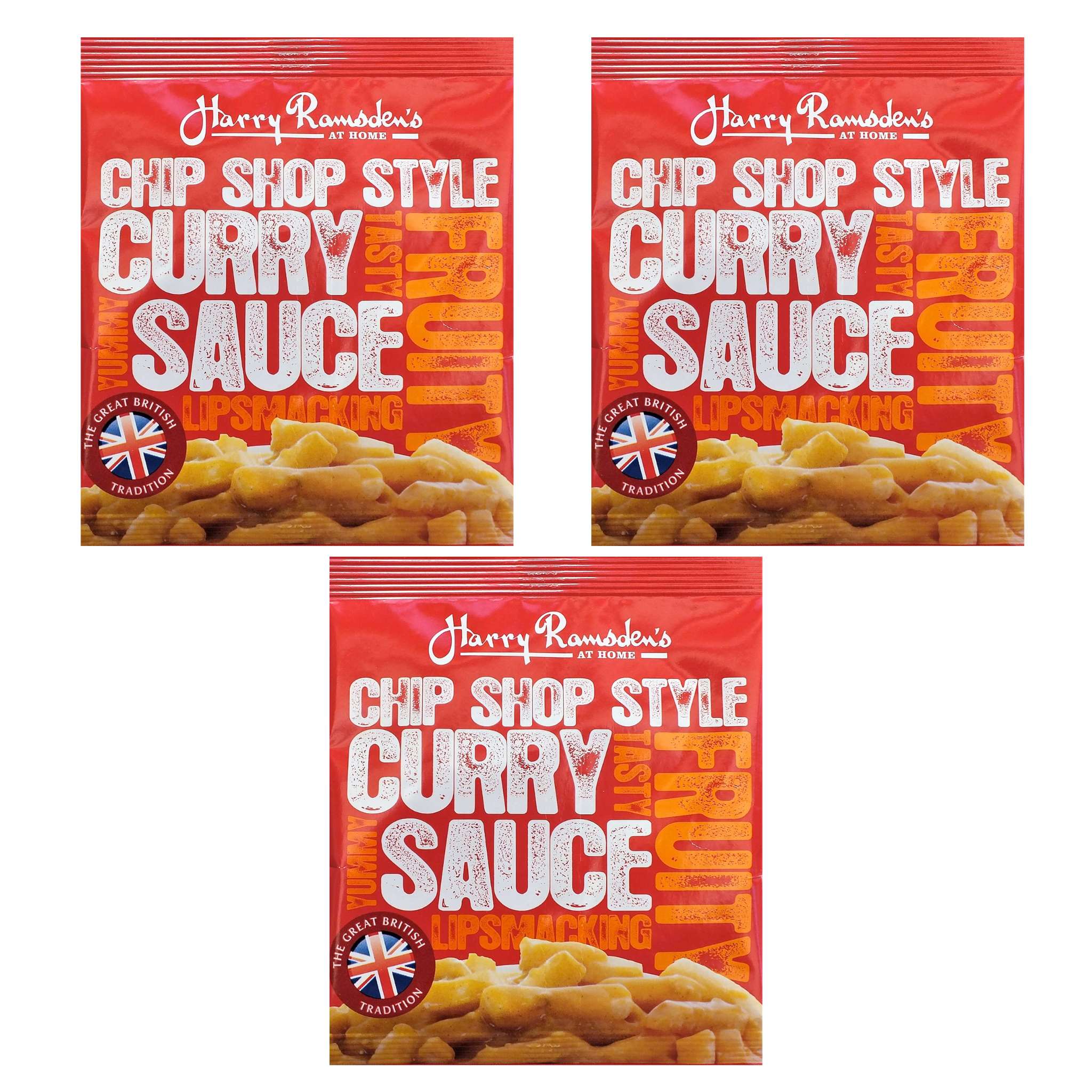Bundle of 3x48g satchets of Harry Ramsdens Chip Shop Style Curry Sauce.