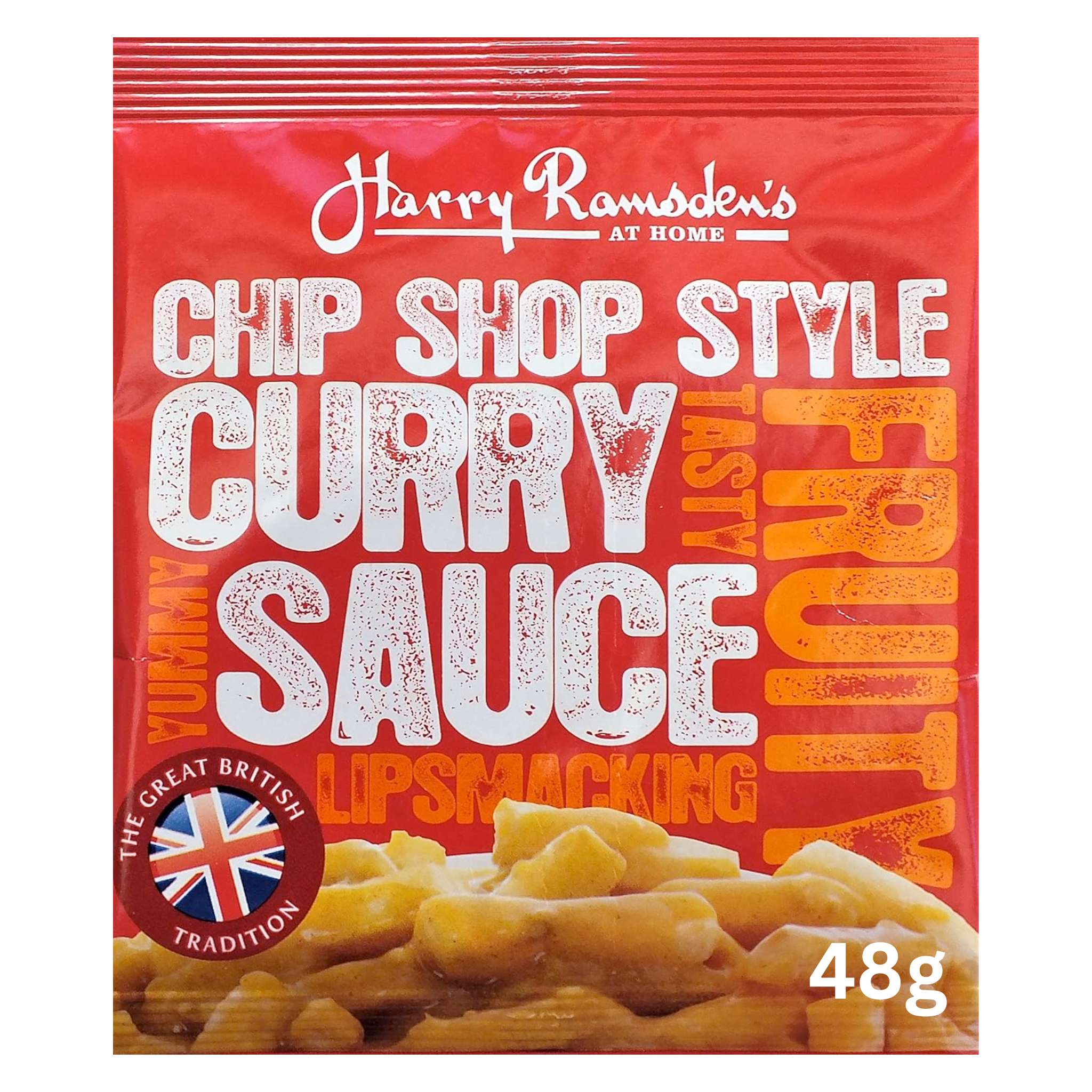 A 48g satchet of Harry Ramsden's Chip Shop Style Curry Sauce.