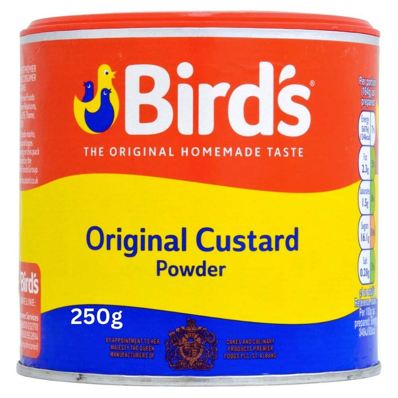 Bird's Original Custard Powder 250g can with red, yellow, and blue design.