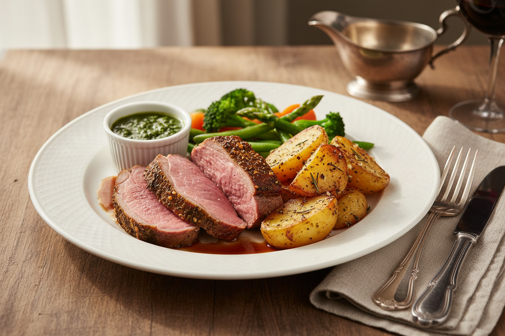 Roast lamb dinner with a small tub of mint sauce on the side.