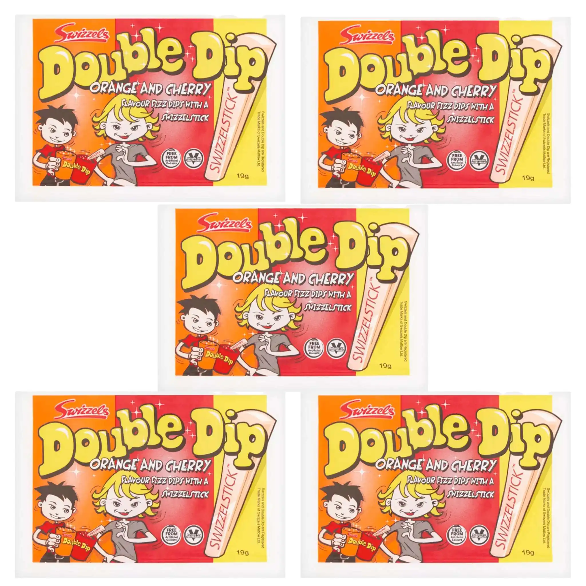A bundle of 5 Swizzels Orange and Cherry Double Dip packs