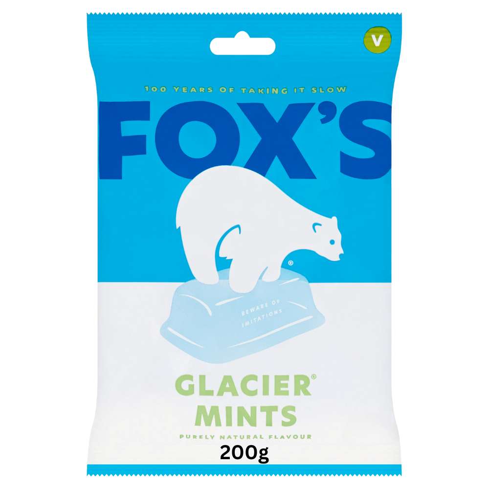 Fox's Glacier Mints 200g bag - natural mint candy with Peppy the Polar Bear on blue packaging.