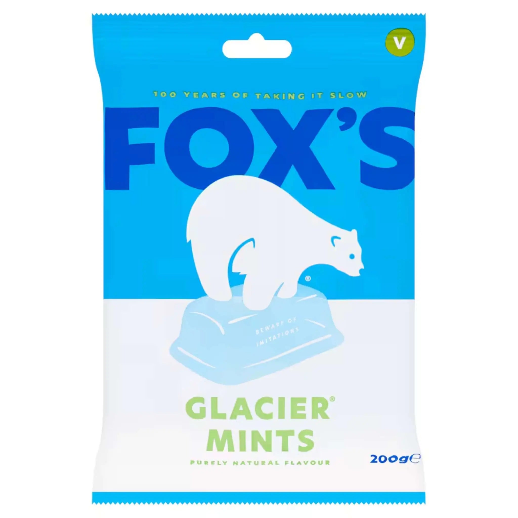 Fox's Glacier Mints 200g bag - natural mint candy with Peppy the Polar Bear on blue packaging.
