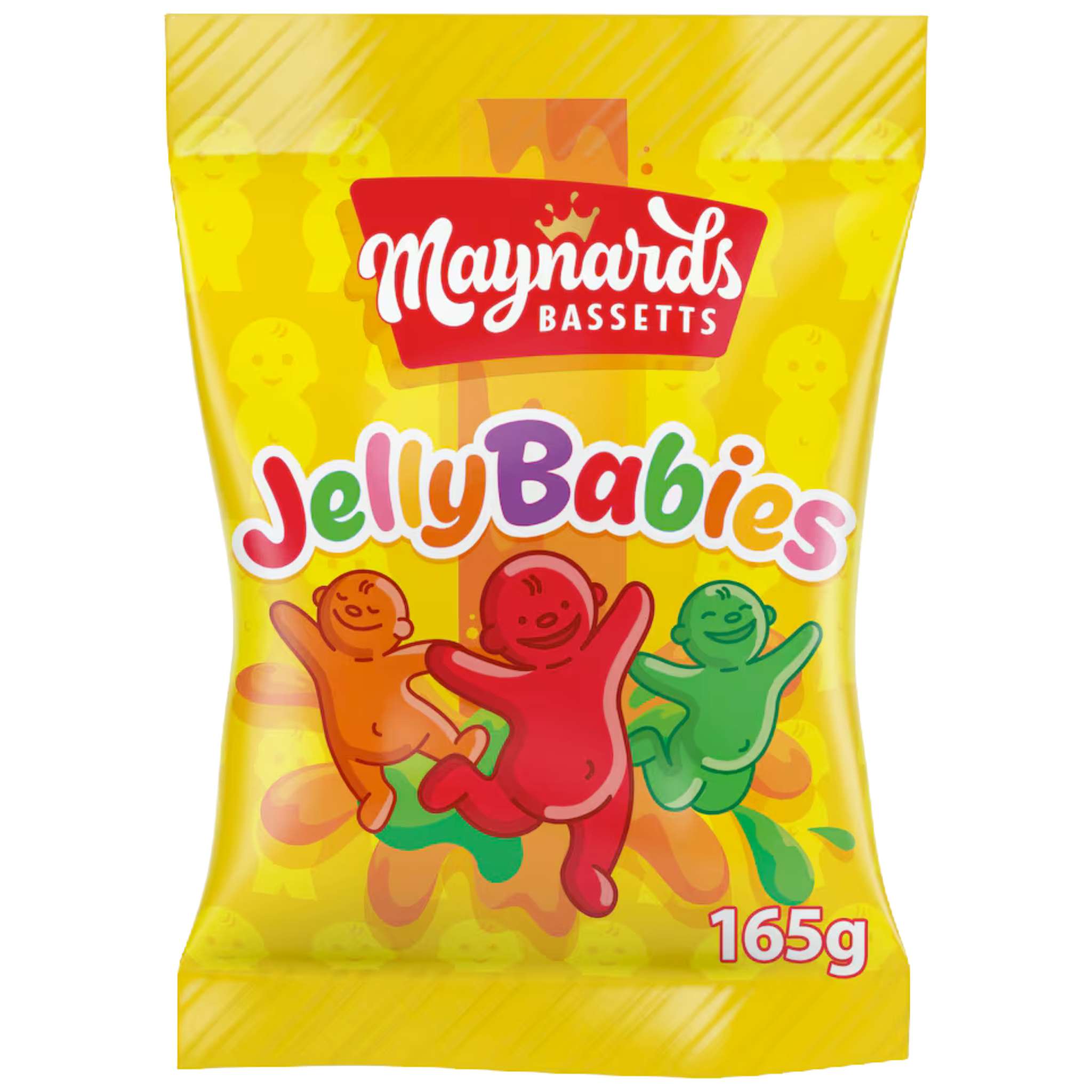 Maynards Bassetts Jelly Babies with three colorful babies on yellow packaging 165g bag.