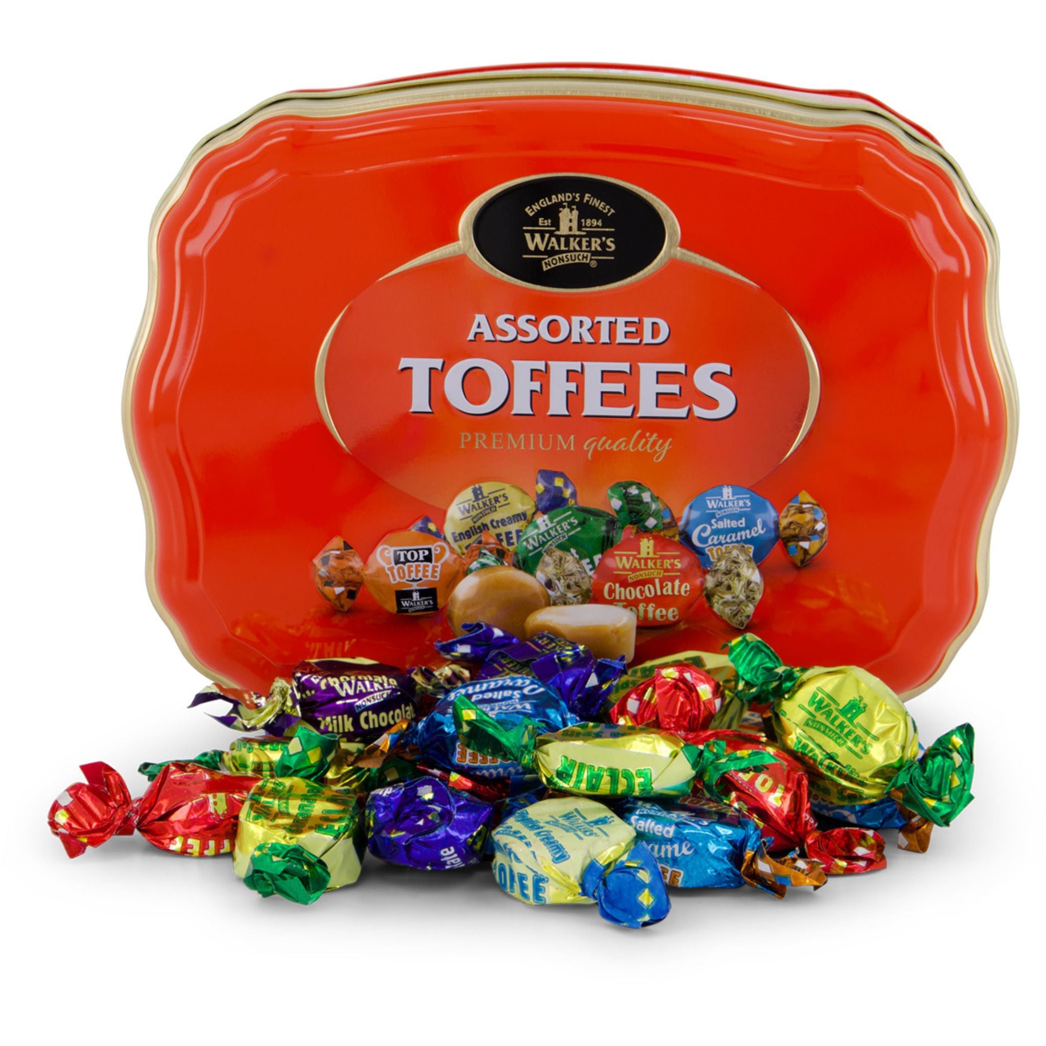 Walkers Assorted Toffees in a 250g collectible red tin with mix of assorted loose toffees.