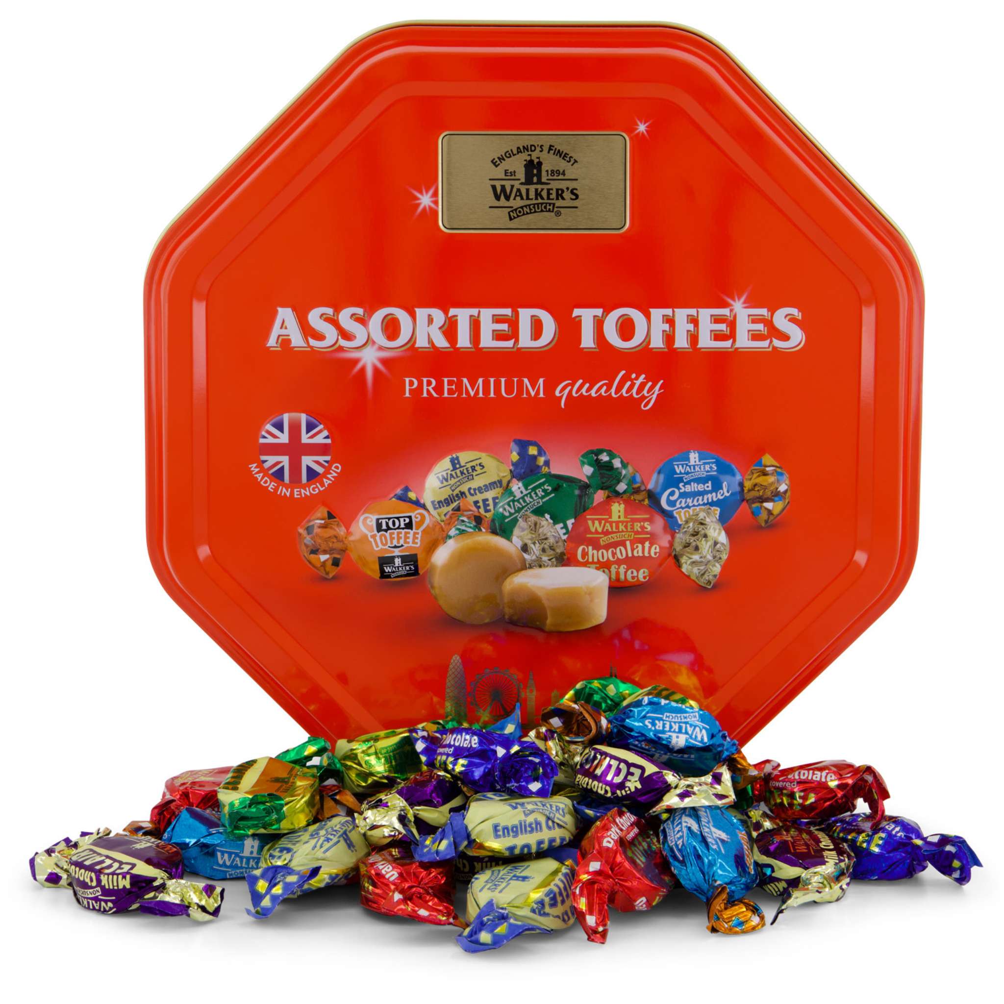 Walkers Nonsuch Assorted Toffees premium quality in a red collectible tin with a mix of loose toffees.