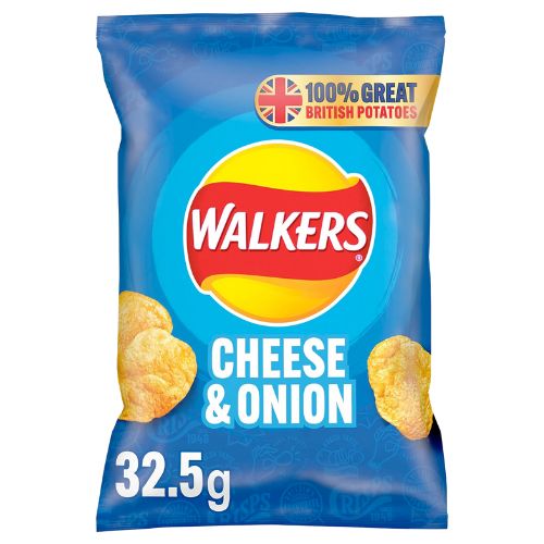 Walkers Cheese & Onion Crisps 32.5g bag.  A popular UK crisp.