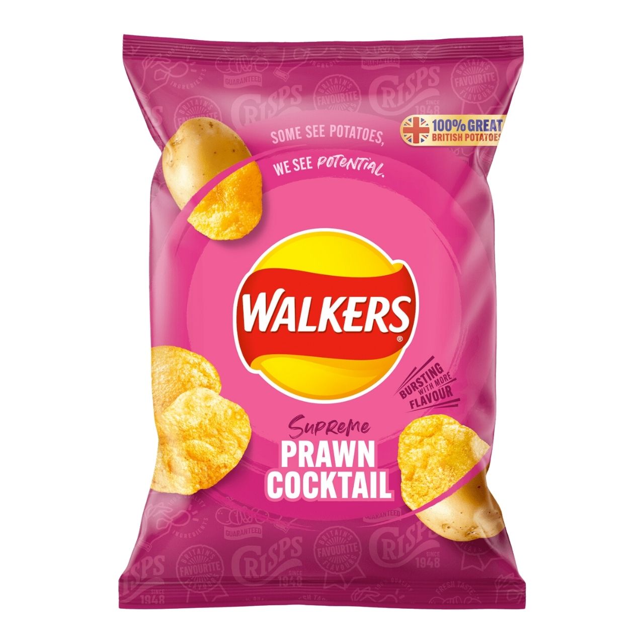 Walkers Supreme Prawn Cocktail potato crisps packet - a UK favourite.
