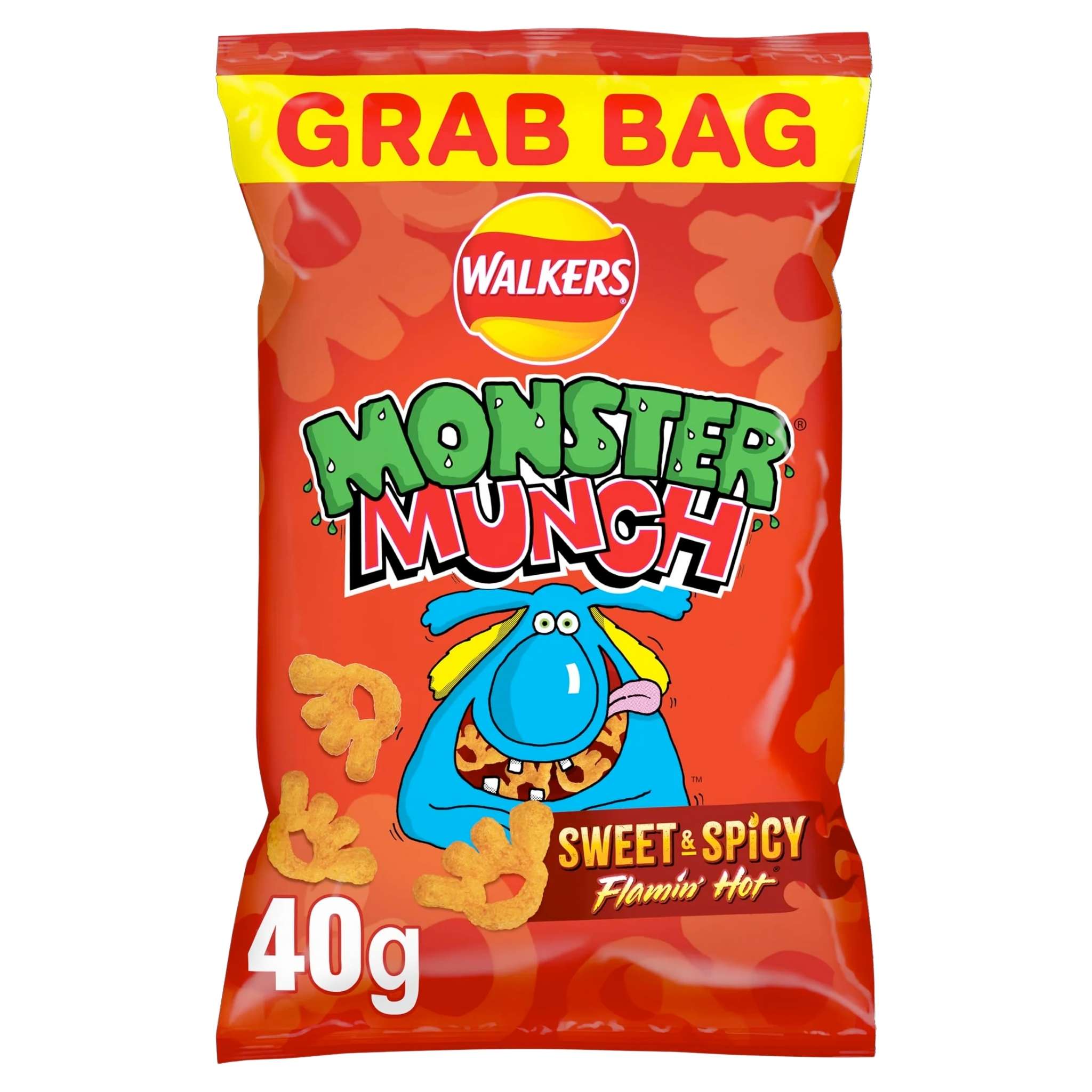 Walkers Monster Munch Sweet & Spicy Flamin' Hot 40g - baked not fried, crunchy snack with a bit of sweet and spice.