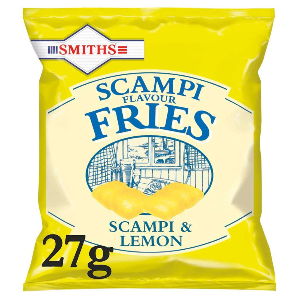 Smiths Scampi Fries 27g packet. Popular UK pub snack - scampi and lemon flavour.
