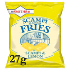 Smiths Scampi Fries 27g packet. Popular UK pub snack - scampi and lemon flavour.
