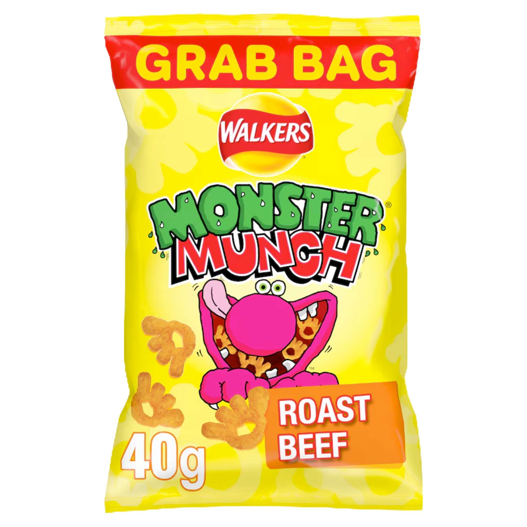Walkers Monster Munch Roast Beef baked corn snack, claw-shaped, 40g bag.