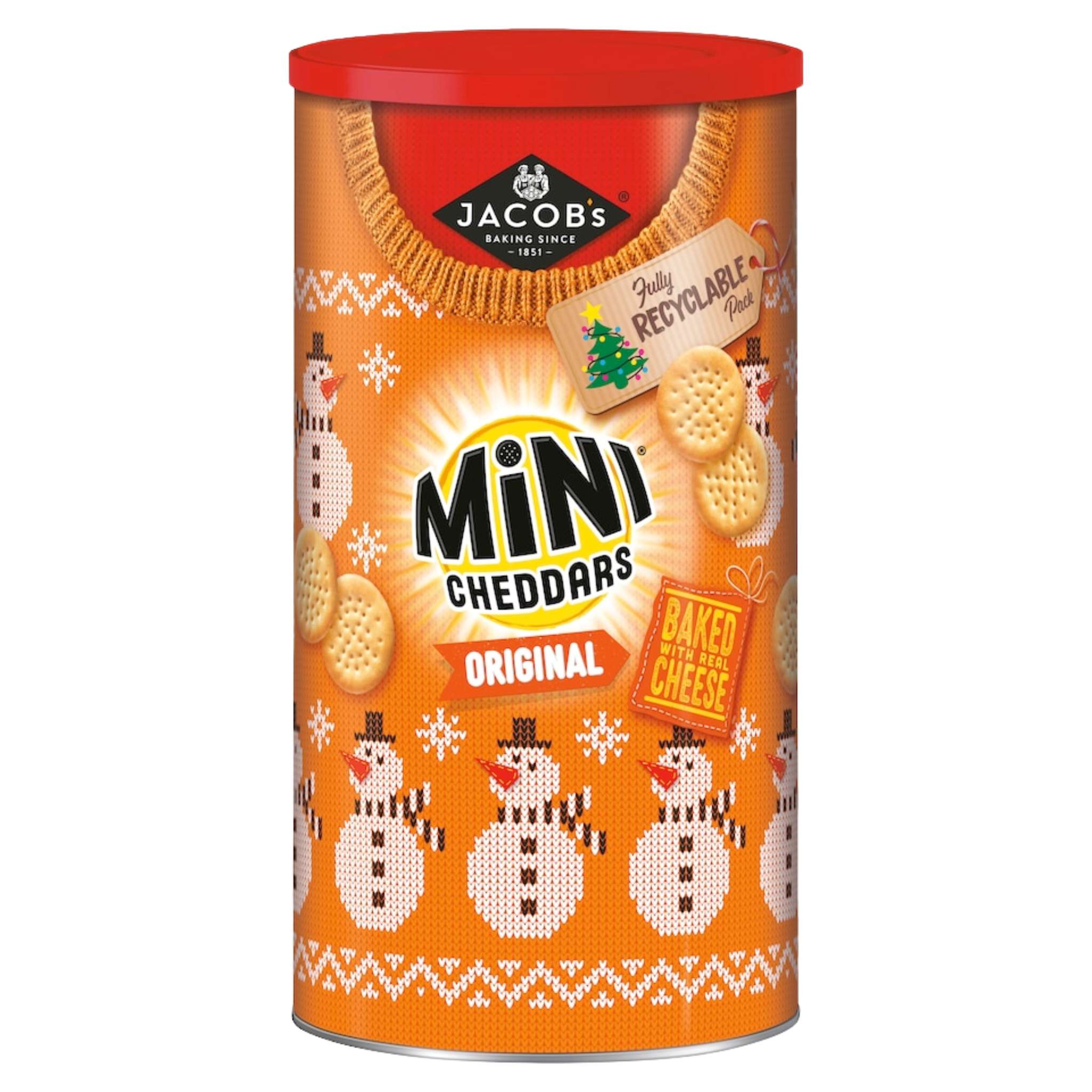 Canister of Jacobs Mini Cheddars Original Biscuits with Christmas-themed design