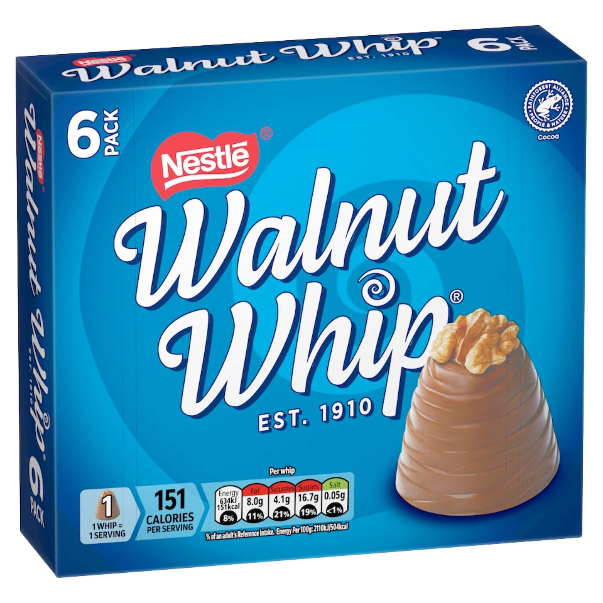 Nestle Walnut Whip box with 6 milk chocolate whirls, encasing a smooth, fondant cream centre and topped with a walnut piece.