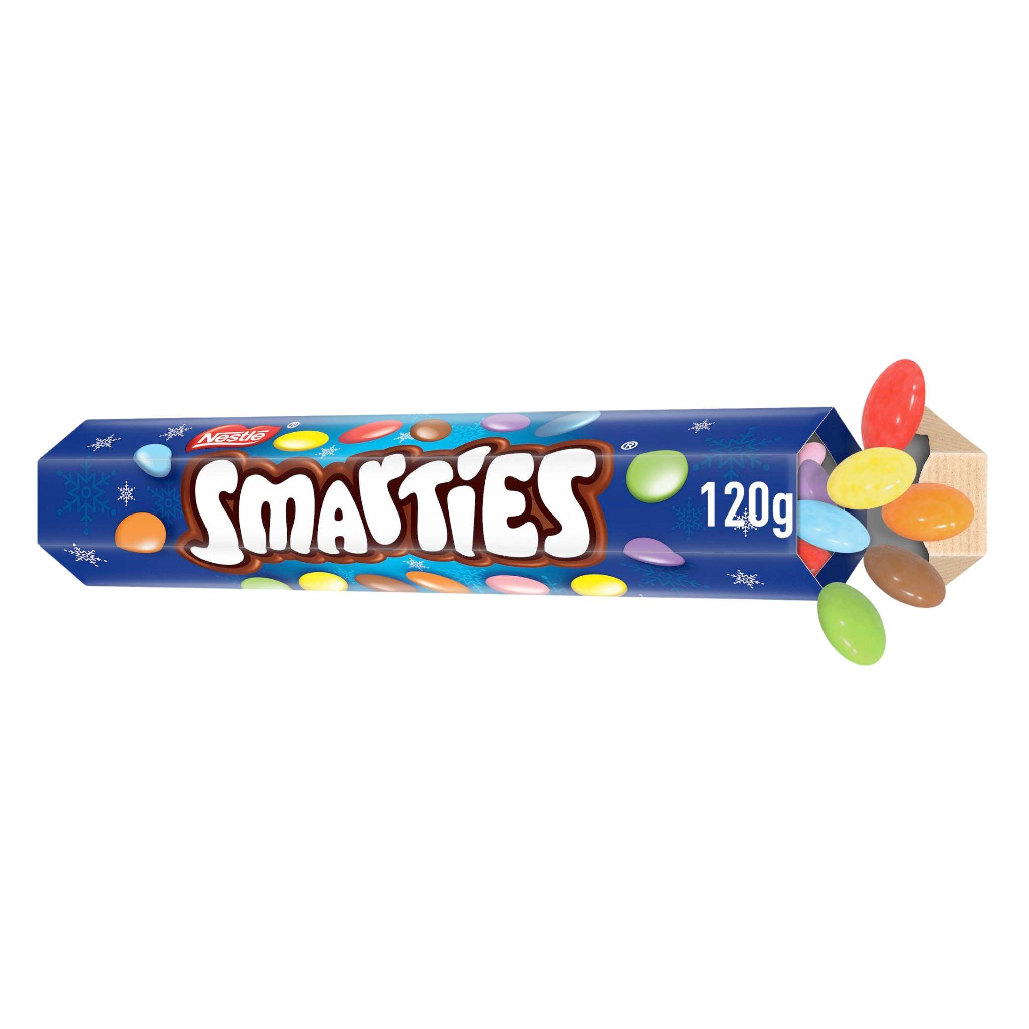 Nestle Smarties in Giant 120g tube with smarties falling out of end.