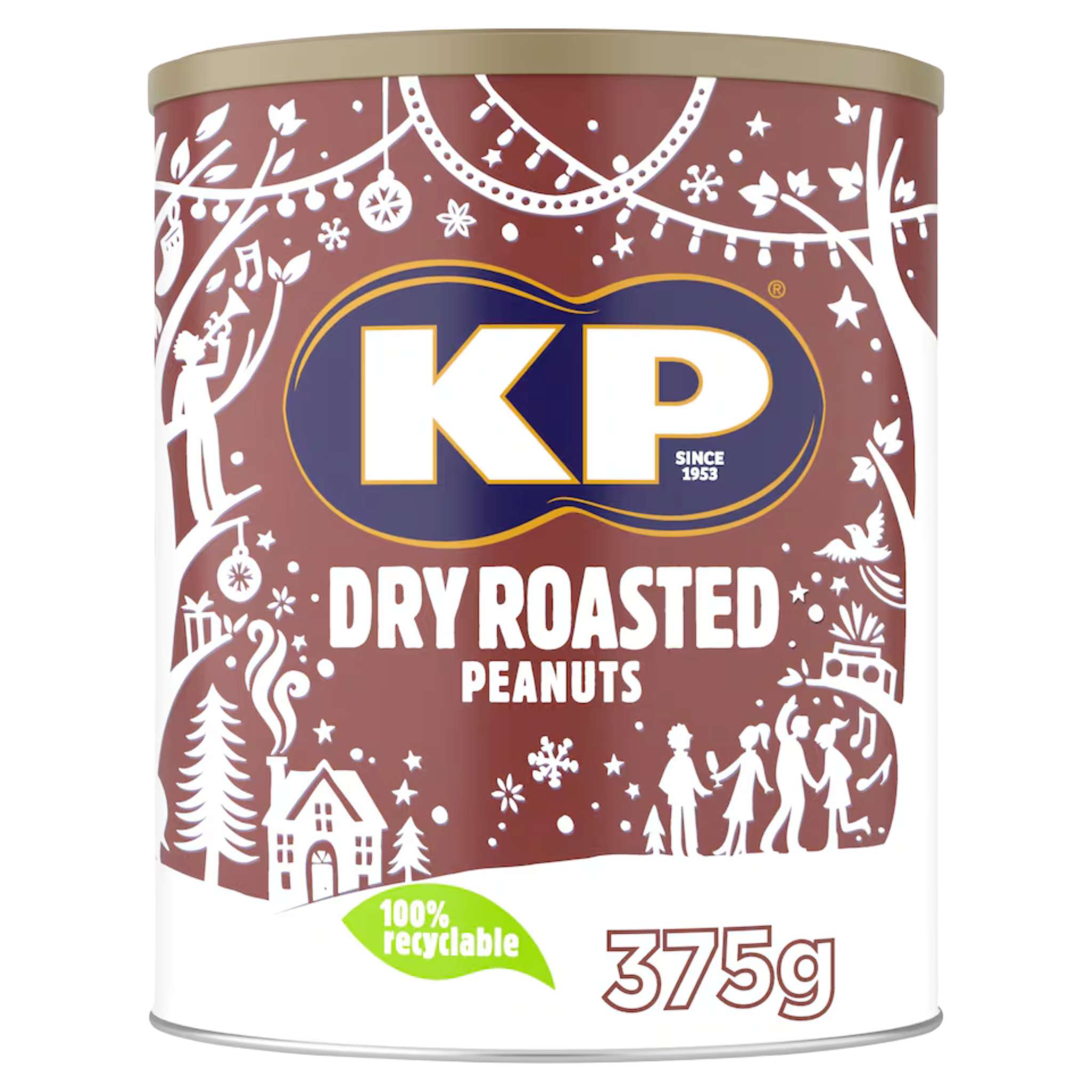 Resealable Can of KP Dry Roasted Peanuts with festive design.
