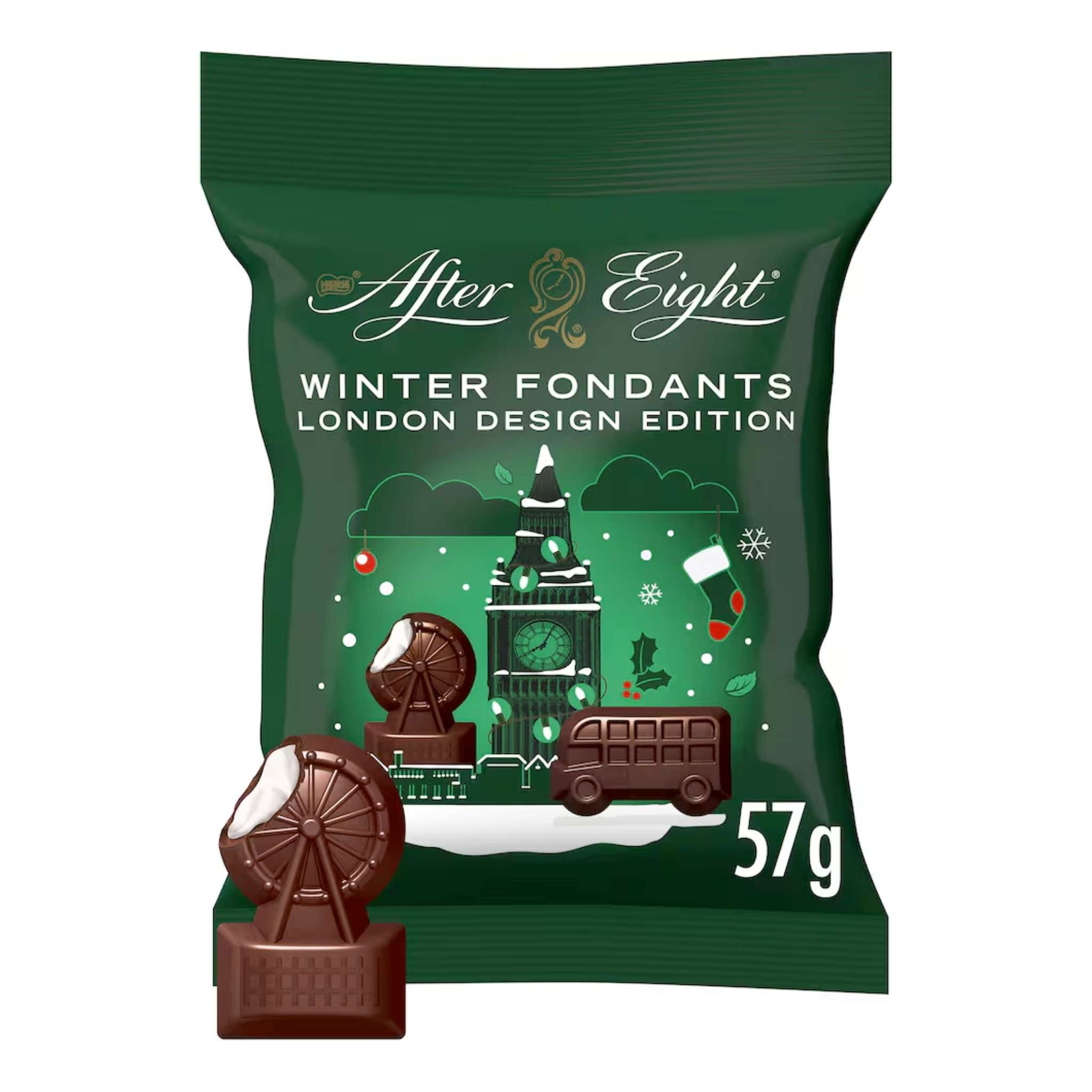 Nestlé After Eight London Icon Shaped Dark Chocolates with mint fondant filling.