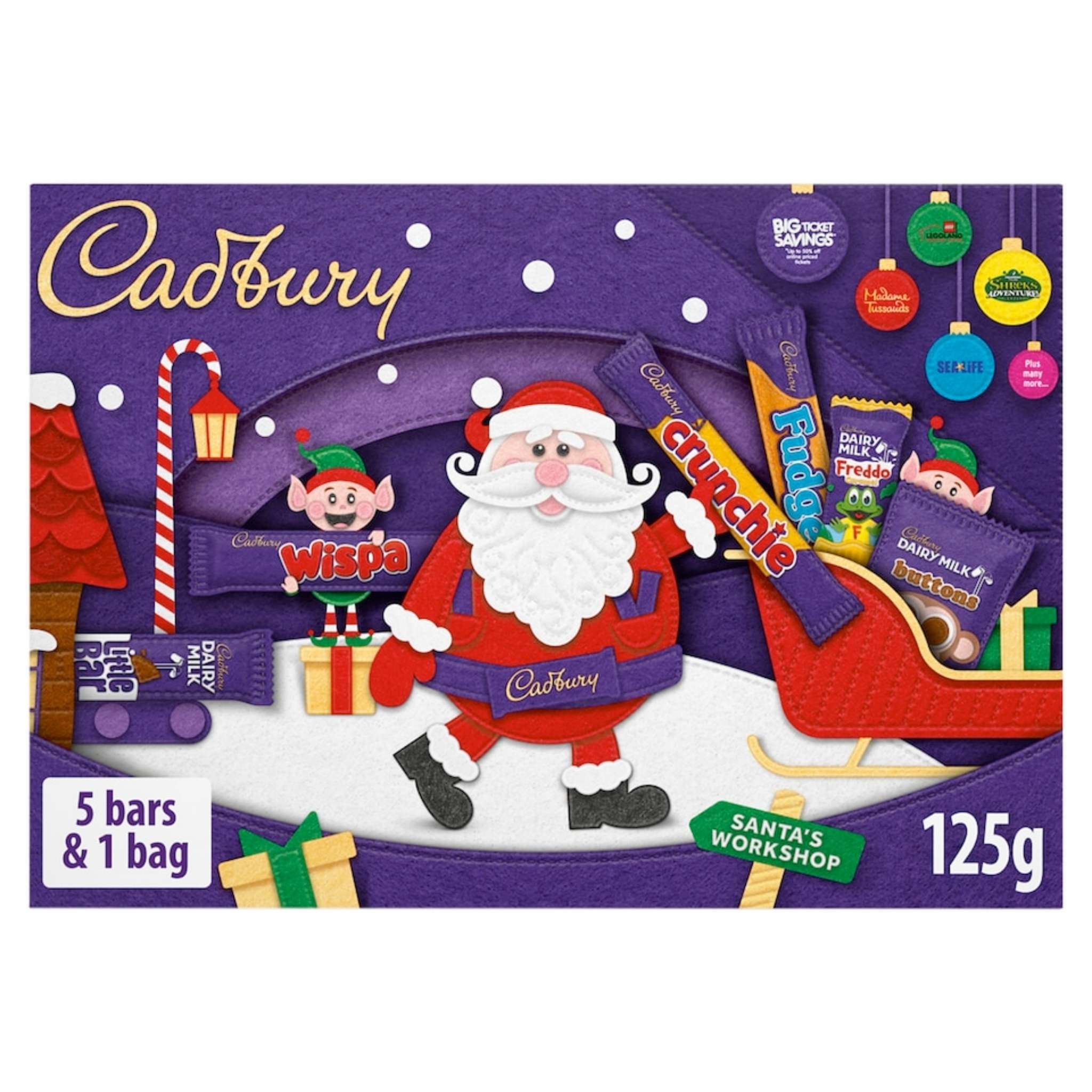 Cadbury Santa's Workshop Selection Box with 5 chocolate bars and 1 treatsize bag 125g.