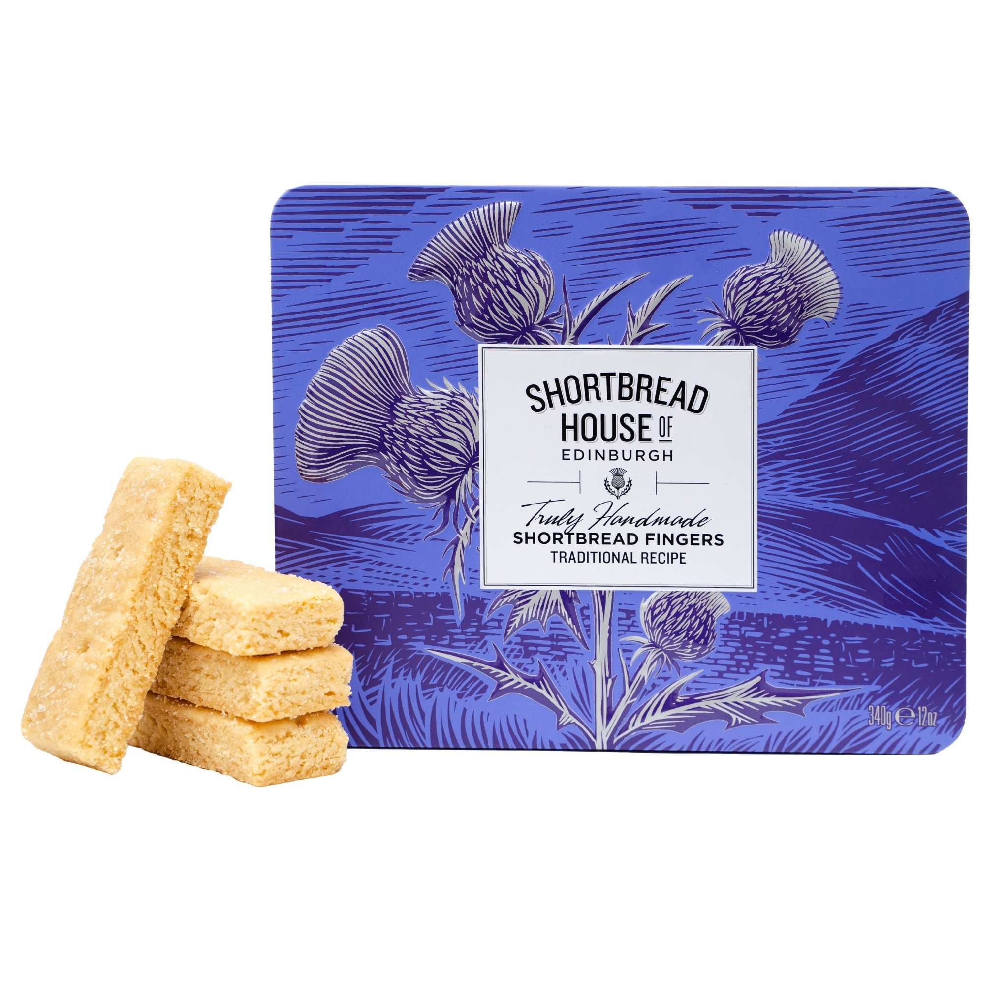 Shortbread House of Edinburgh Shortbread Fingers in a blue tin with thistle floral design with a stack of shortbread biscuits.  