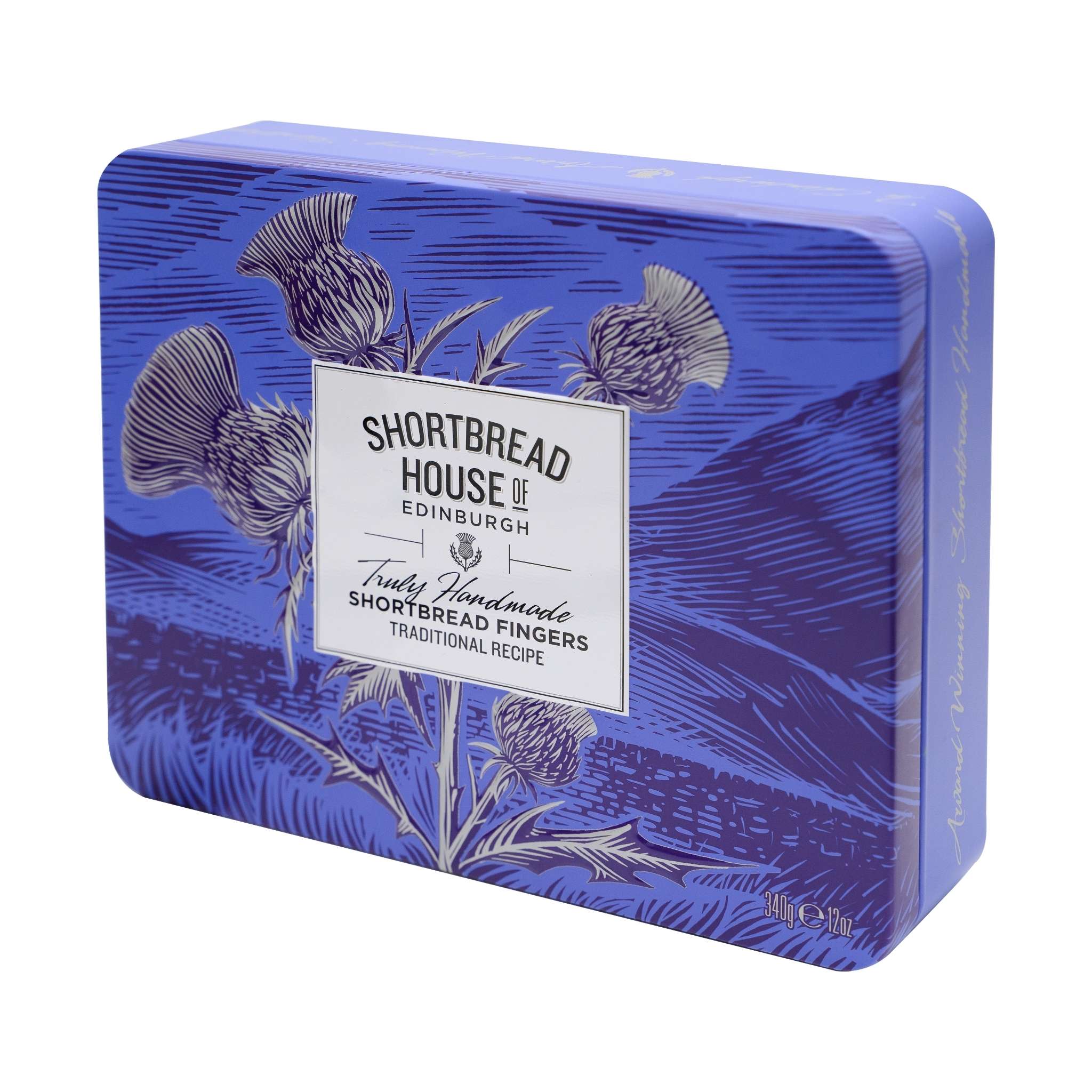 Blue tin box with floral design and 'Shortbread House of Edinburgh' label