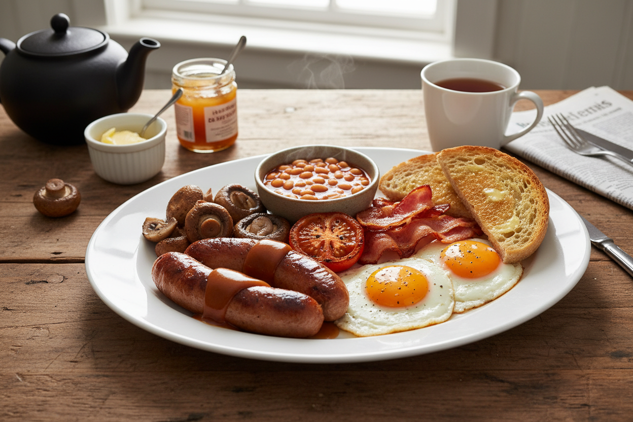 Full English breakfast with Daddies Brown Sauce on the sausages 
