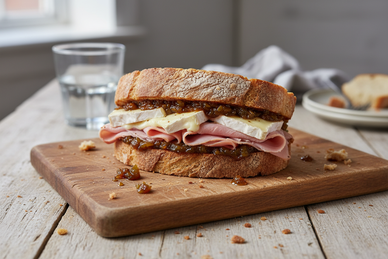 Sandwich with Branston Pickle, ham and brie cheese on wooden bread board.