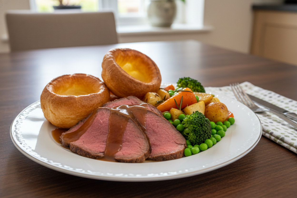 Roast beef dinner with vegetables, gravy and Yorkshire Puddings on dining table