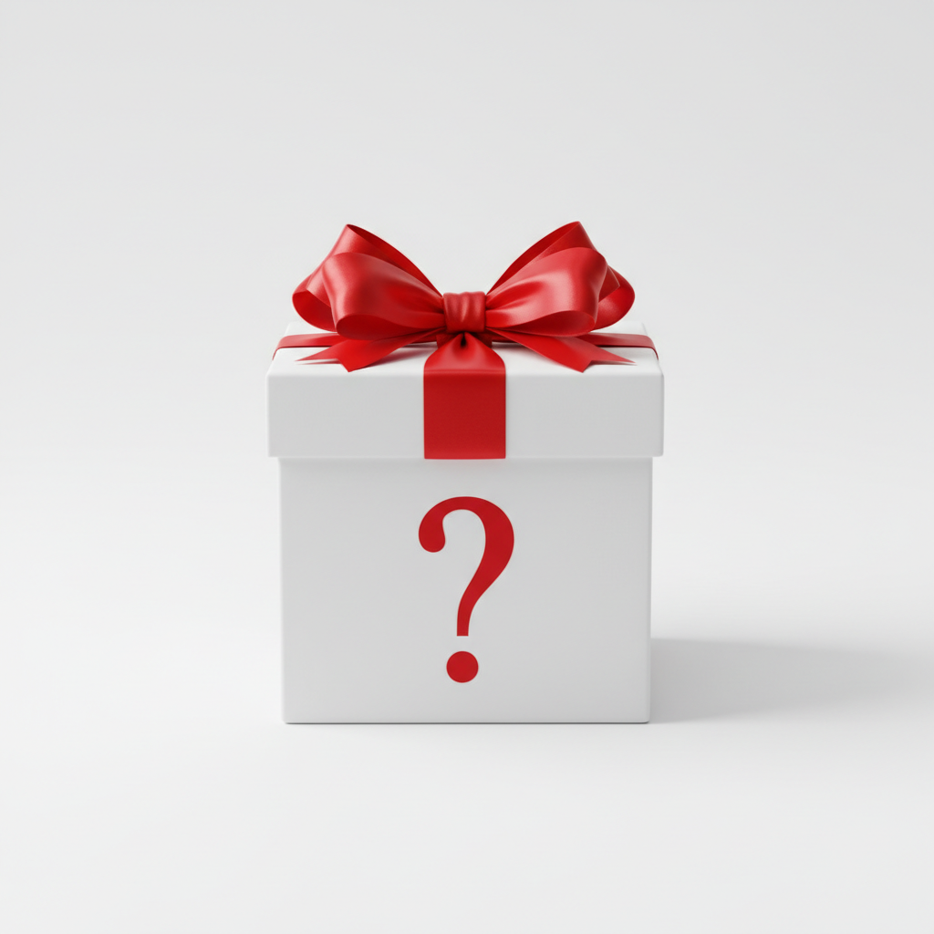 Mystery Gift Box with red bow and question mark