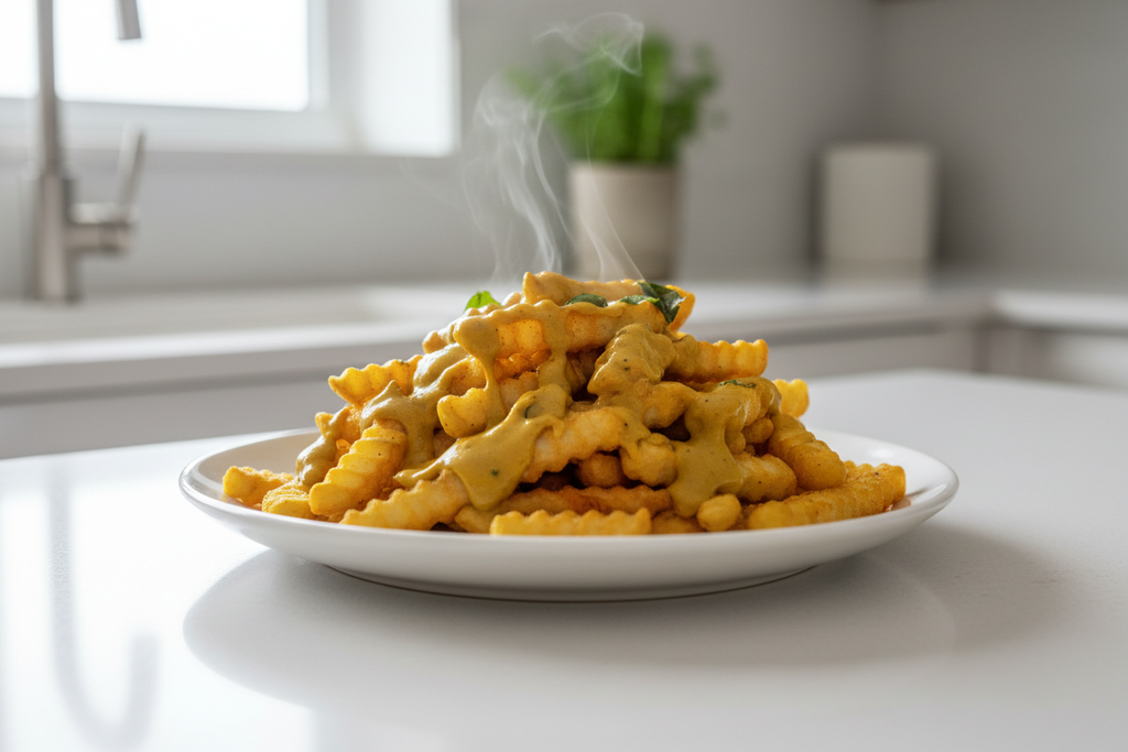 Plate of hot chips with delicious Harry Ramsden Curry Sauce on it. 